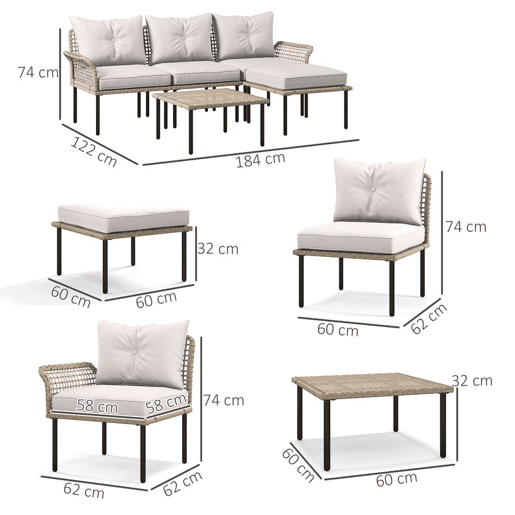 Outsunny Conjunto de Jardim em Vime Sintético Conjunto de Móveis de Exterior com Sofá de 4 Módulos 1 Mesa de Centro e Almofadas Creme
