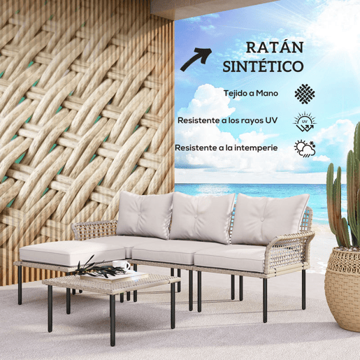 Outsunny Conjunto de Jardim em Vime Sintético Conjunto de Móveis de Exterior com Sofá de 4 Módulos 1 Mesa de Centro e Almofadas Creme