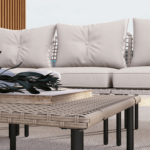 Outsunny Conjunto de Jardim em Vime Sintético Conjunto de Móveis de Exterior com Sofá de 4 Módulos 1 Mesa de Centro e Almofadas Creme