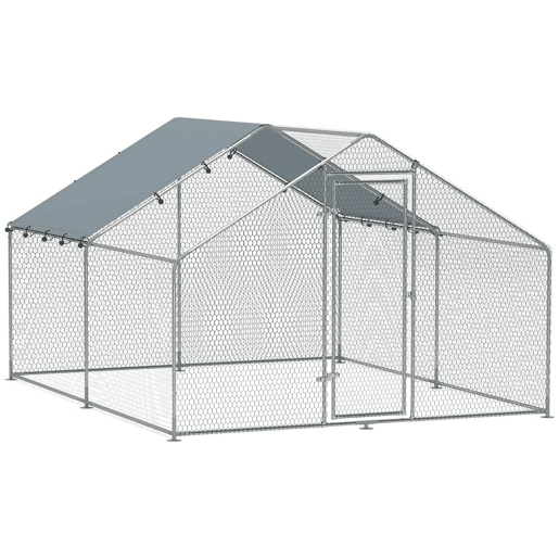 PawHut Galinheiro para Exterior Grande 3x3,4x1,9 m Estrutura em Aço Galvanizado com Porta de Fecho Duplo, Cobertura em Tecido Oxford Anti-UV e Impermeável, Design Acessível para 10-15 Galinhas, Coelhos, Prateado