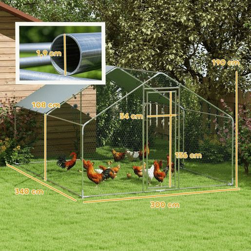 PawHut Galinheiro para Exterior Grande 3x3,4x1,9 m Estrutura em Aço Galvanizado com Porta de Fecho Duplo, Cobertura em Tecido Oxford Anti-UV e Impermeável, Design Acessível para 10-15 Galinhas, Coelhos, Prateado