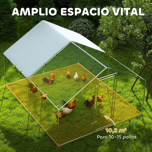 PawHut Galinheiro para Exterior Grande 3x3,4x1,9 m Estrutura em Aço Galvanizado com Porta de Fecho Duplo, Cobertura em Tecido Oxford Anti-UV e Impermeável, Design Acessível para 10-15 Galinhas, Coelhos, Prateado
