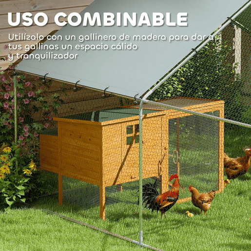 PawHut Galinheiro para Exterior Grande 3x3,4x1,9 m Estrutura em Aço Galvanizado com Porta de Fecho Duplo, Cobertura em Tecido Oxford Anti-UV e Impermeável, Design Acessível para 10-15 Galinhas, Coelhos, Prateado