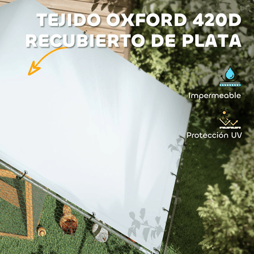 PawHut Galinheiro para Exterior Grande 3x3,4x1,9 m Estrutura em Aço Galvanizado com Porta de Fecho Duplo, Cobertura em Tecido Oxford Anti-UV e Impermeável, Design Acessível para 10-15 Galinhas, Coelhos, Prateado