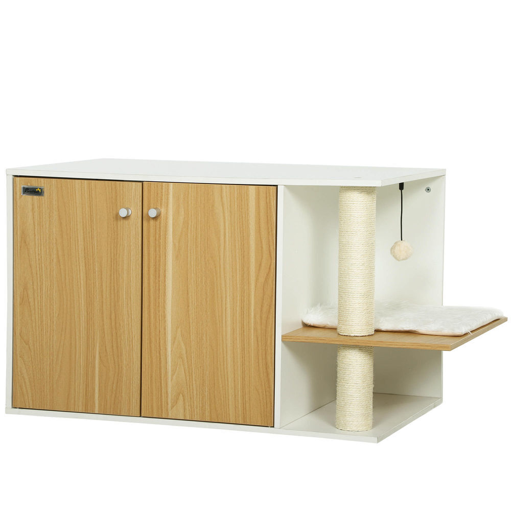 Pawhut mueble arenero para gatos 3 en 1 nido mesa auxiliar caja de arena para gatos con puertas cojín poste para rascar y centro de juegos para salón dormitorio 94x48x50,5 cm roble y blanco
