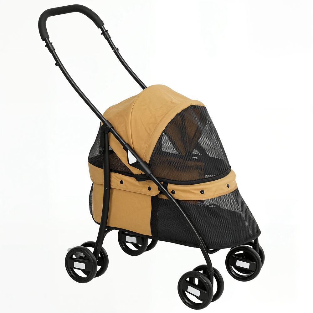 Pawhut carrito para perros plegable cochecito para mascotas cochecito para perros pequeños con ventanas de malla cojín lavable correas de seguridad y marco de acero carga 10 kg café