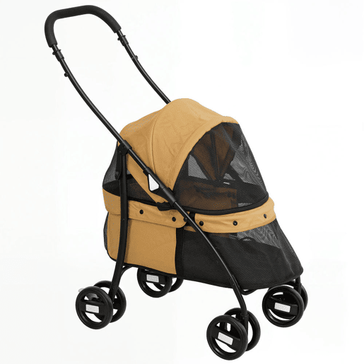 PawHut Carrinho para Animais de Estimação Dobrável Carrinho de Passeio para Cães e Gatos com Janela de Malha Almofada Lavável Arnês de Segurança e Estrutura de Aço 82x47x97cm Marrom