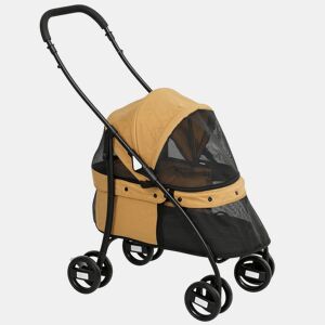 PawHut Carrinho para Animais de Estimação Dobrável Carrinho de Passeio para Cães e Gatos com Janela de Malha Almofada Lavável Arnês de Segurança e Estrutura de Aço 82x47x97cm Marrom