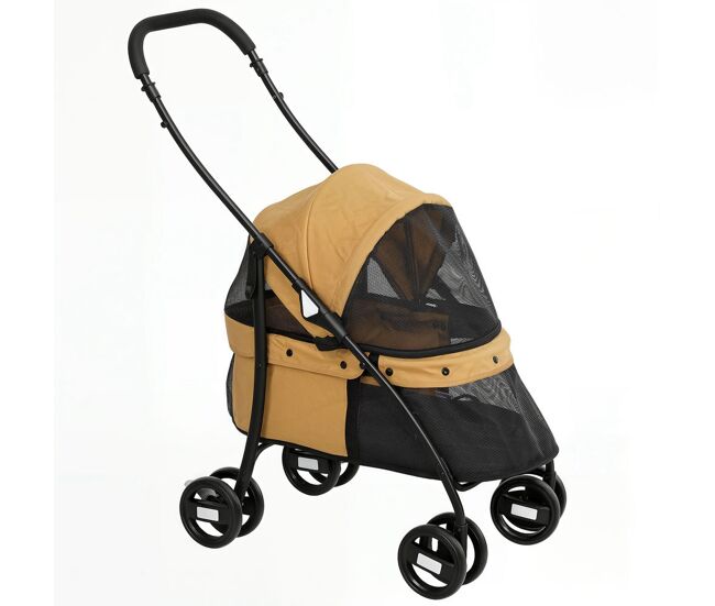 Pawhut carrito para perros plegable cochecito para mascotas cochecito para perros pequeños con ventanas de malla cojín lavable correas de seguridad y marco de acero carga 10 kg café