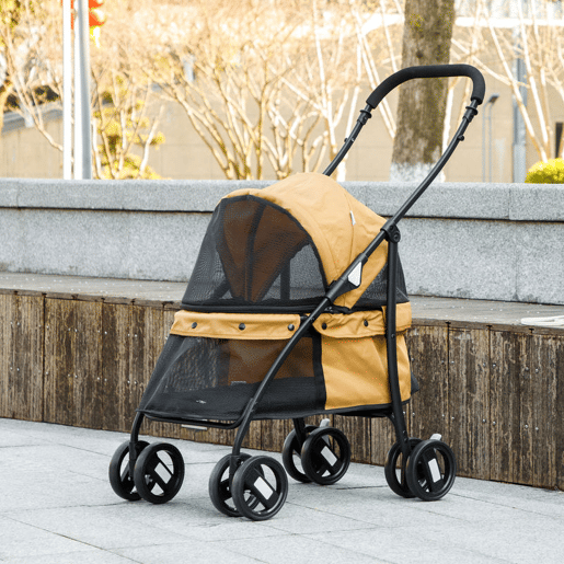 PawHut Carrinho para Animais de Estimação Dobrável Carrinho de Passeio para Cães e Gatos com Janela de Malha Almofada Lavável Arnês de Segurança e Estrutura de Aço 82x47x97cm Marrom
