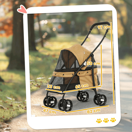 PawHut Carrinho para Animais de Estimação Dobrável Carrinho de Passeio para Cães e Gatos com Janela de Malha Almofada Lavável Arnês de Segurança e Estrutura de Aço 82x47x97cm Marrom