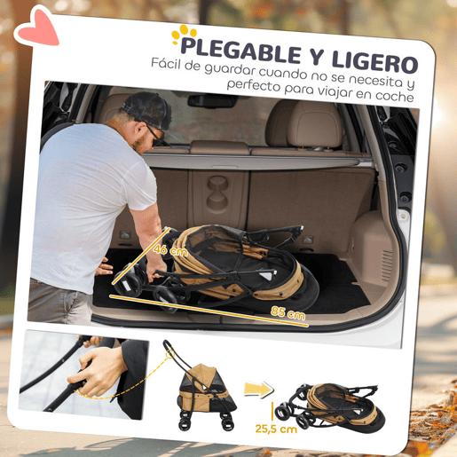 PawHut Carrinho para Animais de Estimação Dobrável Carrinho de Passeio para Cães e Gatos com Janela de Malha Almofada Lavável Arnês de Segurança e Estrutura de Aço 82x47x97cm Marrom