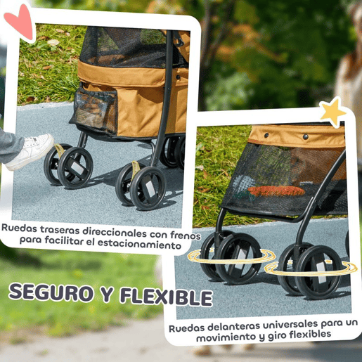 PawHut Carrinho para Animais de Estimação Dobrável Carrinho de Passeio para Cães e Gatos com Janela de Malha Almofada Lavável Arnês de Segurança e Estrutura de Aço 82x47x97cm Marrom
