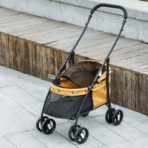 PawHut Carrinho para Animais de Estimação Dobrável Carrinho de Passeio para Cães e Gatos com Janela de Malha Almofada Lavável Arnês de Segurança e Estrutura de Aço 82x47x97cm Marrom