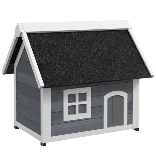 PawHut Casa para Gatos de Madeira Abrigo para Gatos com Telhado Asfáltico Rebatível Janela e Portas com Cortina Refúgio para Animais de Estimação para Exterior 77x57,5x68 cm Cinzento e Preto