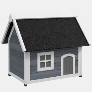 PawHut Casa para Gatos de Madeira Abrigo para Gatos com Telhado Asfáltico Rebatível Janela e Portas com Cortina Refúgio para Animais de Estimação para Exterior 77x57,5x68 cm Cinzento e Preto