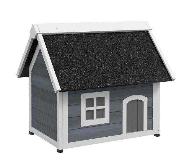 Pawhut casa para gatos de madera caseta para gatos con techo asfáltico abatible ventana y puertas con cortina refugio para mascotas para exterior 77x57,5x68 cm gris y negro