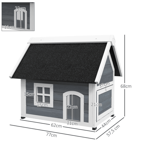 PawHut Casa para Gatos de Madeira Abrigo para Gatos com Telhado Asfáltico Rebatível Janela e Portas com Cortina Refúgio para Animais de Estimação para Exterior 77x57,5x68 cm Cinzento e Preto