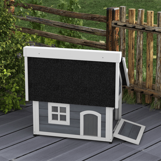 PawHut Casa para Gatos de Madeira Abrigo para Gatos com Telhado Asfáltico Rebatível Janela e Portas com Cortina Refúgio para Animais de Estimação para Exterior 77x57,5x68 cm Cinzento e Preto