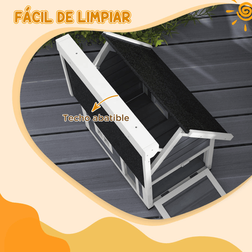 PawHut Casa para Gatos de Madeira Abrigo para Gatos com Telhado Asfáltico Rebatível Janela e Portas com Cortina Refúgio para Animais de Estimação para Exterior 77x57,5x68 cm Cinzento e Preto