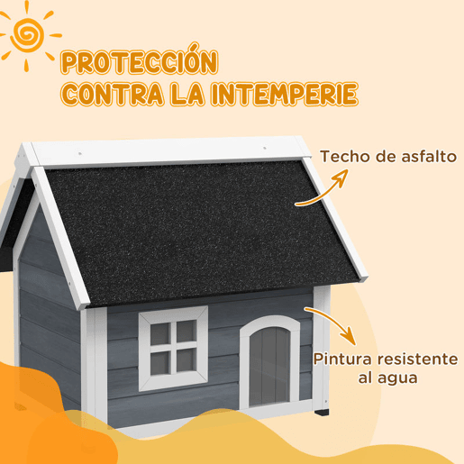 PawHut Casa para Gatos de Madeira Abrigo para Gatos com Telhado Asfáltico Rebatível Janela e Portas com Cortina Refúgio para Animais de Estimação para Exterior 77x57,5x68 cm Cinzento e Preto