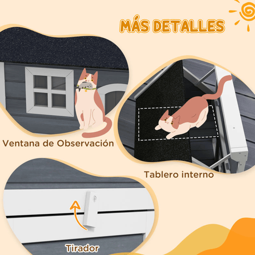 PawHut Casa para Gatos de Madeira Abrigo para Gatos com Telhado Asfáltico Rebatível Janela e Portas com Cortina Refúgio para Animais de Estimação para Exterior 77x57,5x68 cm Cinzento e Preto