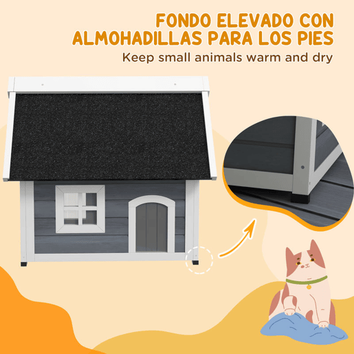 PawHut Casa para Gatos de Madeira Abrigo para Gatos com Telhado Asfáltico Rebatível Janela e Portas com Cortina Refúgio para Animais de Estimação para Exterior 77x57,5x68 cm Cinzento e Preto