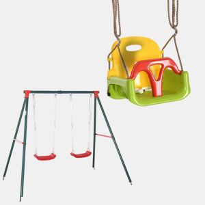 Outsunny Conjunto de Baloiço inclui 1 Baloiço Duplo para Crianças +3 anos com Suporte de metal e 1 baloiço para Bebês de 9 a 36 meses com Corda Ajustável Multicolor