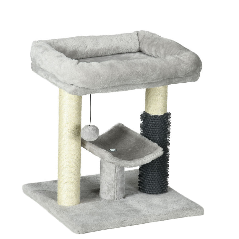Pawhut rascador para gatos árbol para gatos altura 48 cm con 2 postes rascadores cama plataforma en u y cepillo bola colgante gris