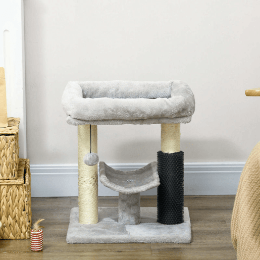 PawHut Arranhador para Gatos Arranhador Pequeno para Gatos Altura 48 cm com 2 Postes de Arranhar Cama Plataforma em U e Escova Bola Suspensa 40x40x48 cm Cinza