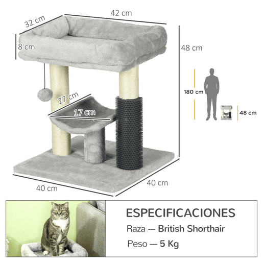 PawHut Arranhador para Gatos Arranhador Pequeno para Gatos Altura 48 cm com 2 Postes de Arranhar Cama Plataforma em U e Escova Bola Suspensa 40x40x48 cm Cinza