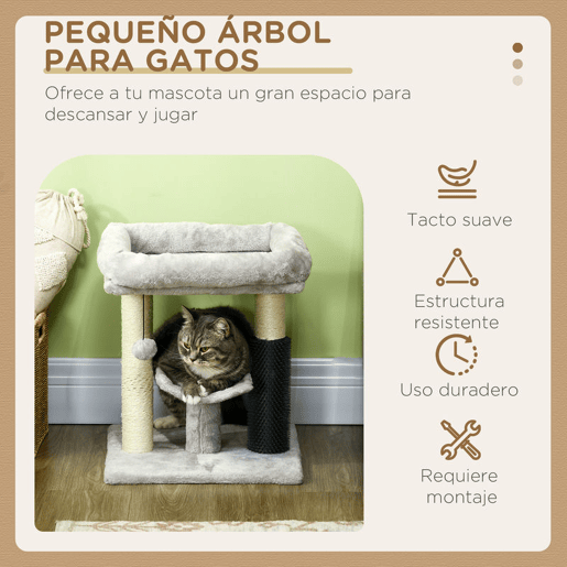 PawHut Arranhador para Gatos Arranhador Pequeno para Gatos Altura 48 cm com 2 Postes de Arranhar Cama Plataforma em U e Escova Bola Suspensa 40x40x48 cm Cinza