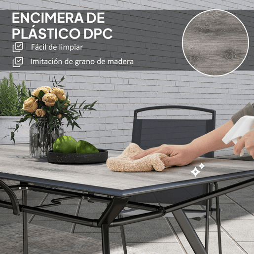Outsunny Mesa de Jardim Mesa de Refeição Exterior com Bancada Imitação Madeira e Estrutura de Aço Carga 70 kg Mesa Retangular para 6 Pessoas para Pátio 160x90x73 cm Cinza