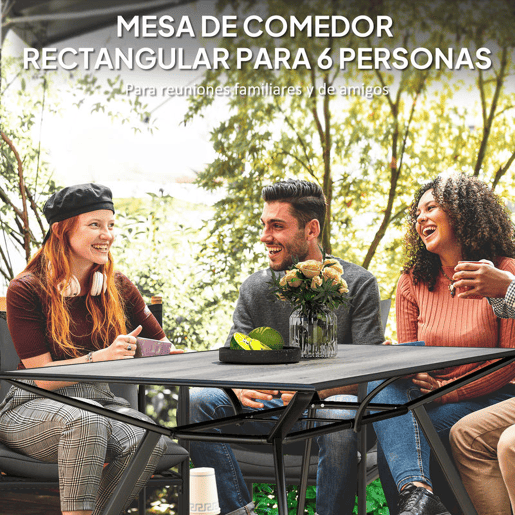 Outsunny Mesa de Jardim Mesa de Refeição Exterior com Bancada Imitação Madeira e Estrutura de Aço Carga 70 kg Mesa Retangular para 6 Pessoas para Pátio 160x90x73 cm Cinza