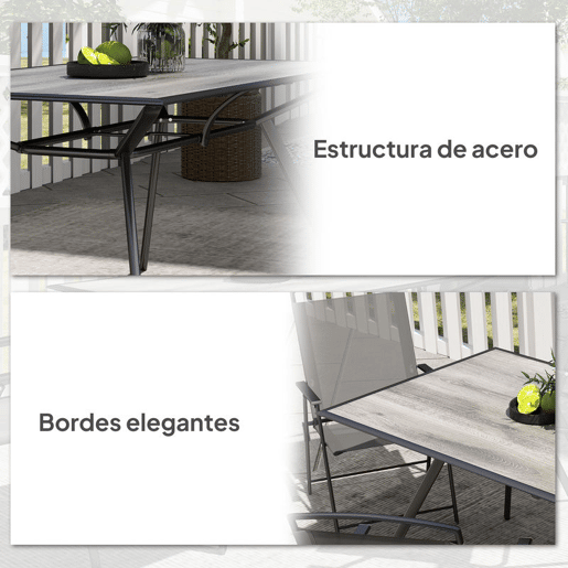 Outsunny Mesa de Jardim Mesa de Refeição Exterior com Bancada Imitação Madeira e Estrutura de Aço Carga 70 kg Mesa Retangular para 6 Pessoas para Pátio 160x90x73 cm Cinza