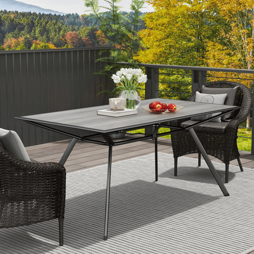 Outsunny Mesa de Jardim Mesa de Refeição Exterior com Bancada Imitação Madeira e Estrutura de Aço Carga 70 kg Mesa Retangular para 6 Pessoas para Pátio 160x90x73 cm Cinza