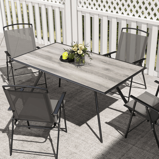 Outsunny Mesa de Jardim Mesa de Refeição Exterior com Bancada Imitação Madeira e Estrutura de Aço Carga 70 kg Mesa Retangular para 6 Pessoas para Pátio 160x90x73 cm Cinza