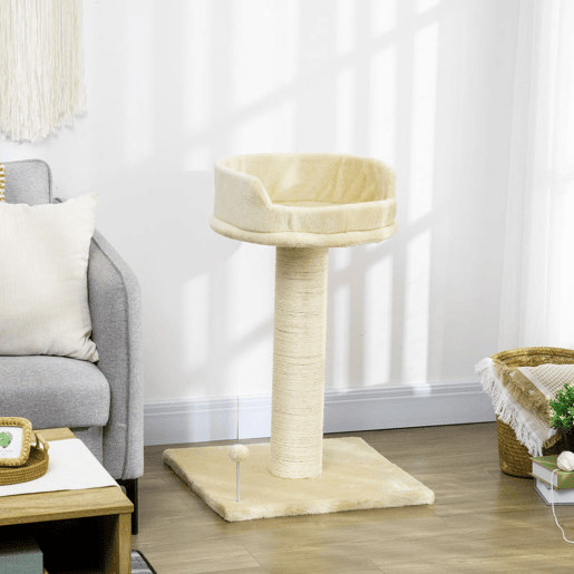 PawHut Arranhador para Gatos Mini Arranhador para Gatos de 2 Níveis com Plataforma Bola com Mola Corda Suspensa e Poste de Sisal 55x55x83 cm Bege