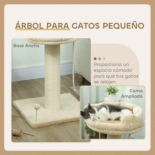 PawHut Arranhador para Gatos Mini Arranhador para Gatos de 2 Níveis com Plataforma Bola com Mola Corda Suspensa e Poste de Sisal 55x55x83 cm Bege