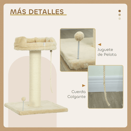 PawHut Arranhador para Gatos Mini Arranhador para Gatos de 2 Níveis com Plataforma Bola com Mola Corda Suspensa e Poste de Sisal 55x55x83 cm Bege