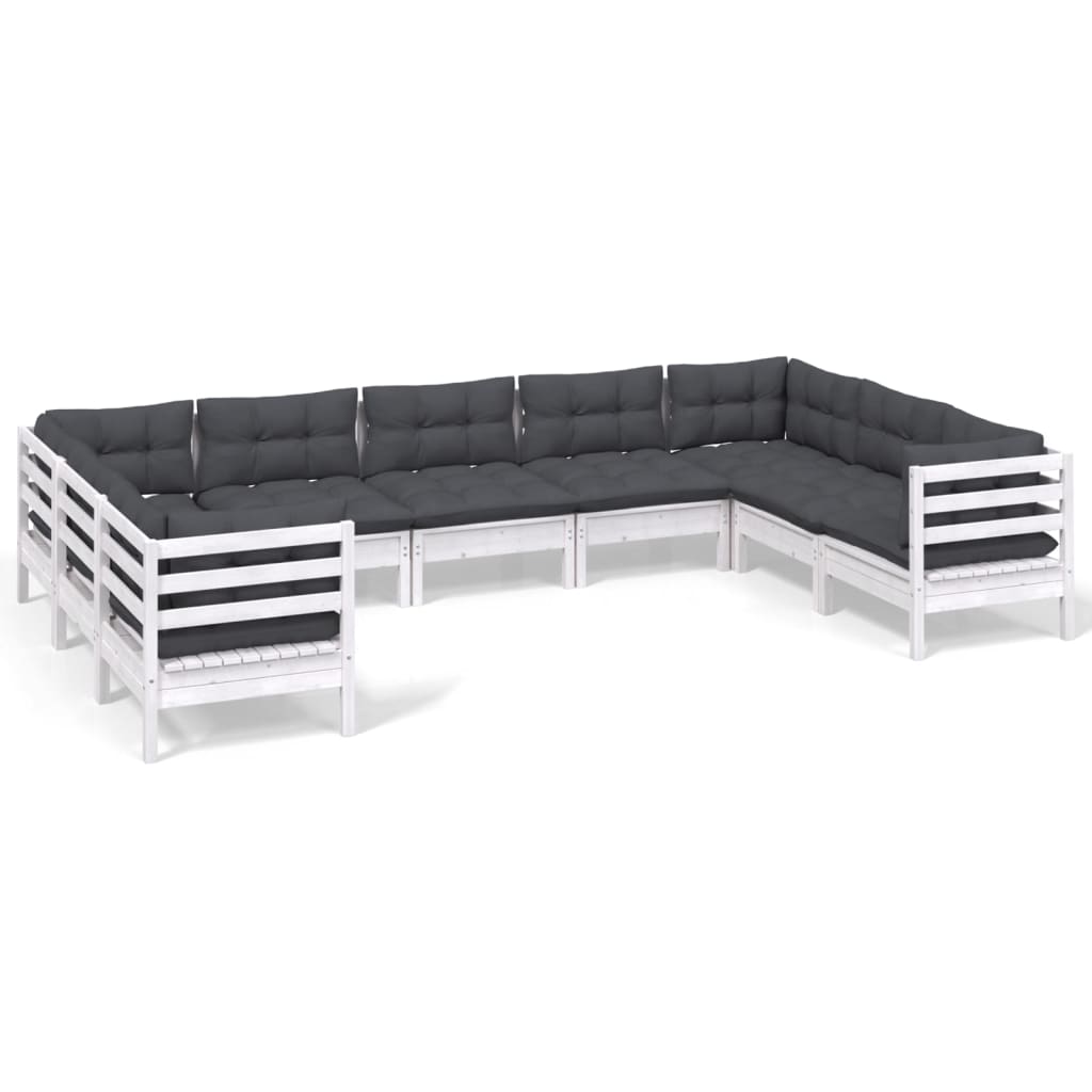 Muebles de jardín 9 pzas con cojines blanco madera de pino