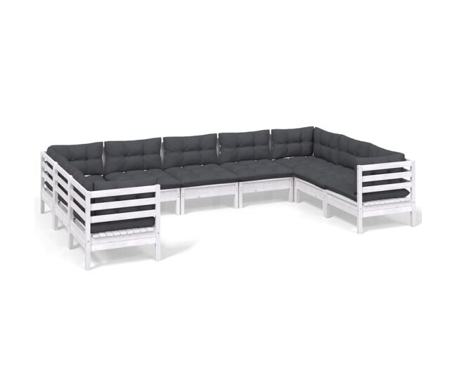 Muebles de jardín 9 pzas con cojines blanco madera de pino