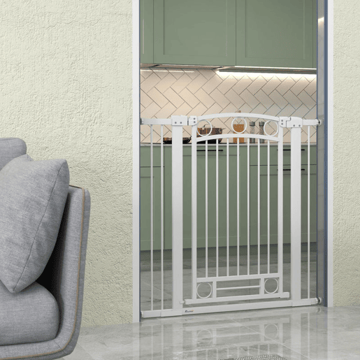 PawHut Barreira de Segurança para Cães Barreira de Segurança para Cães com Largura Ajustável 76-104 cm Barreira de Proteção com 2 Extensões para Escadas e Portas 76-104x104 cm Branco