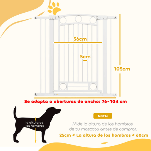 PawHut Barreira de Segurança para Cães Barreira de Segurança para Cães com Largura Ajustável 76-104 cm Barreira de Proteção com 2 Extensões para Escadas e Portas 76-104x104 cm Branco
