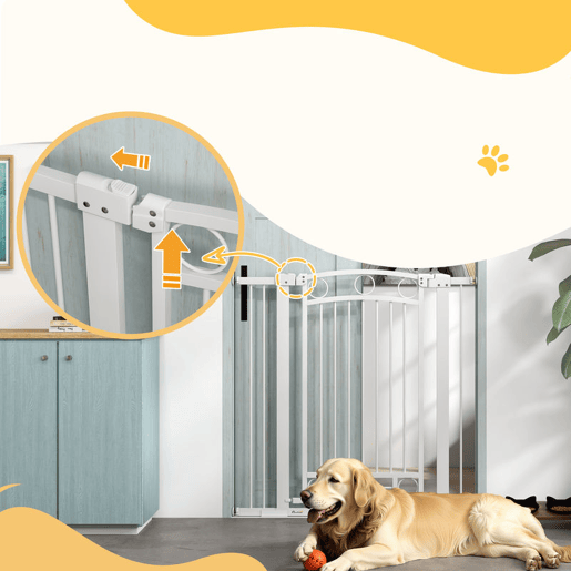 PawHut Barreira de Segurança para Cães Barreira de Segurança para Cães com Largura Ajustável 76-104 cm Barreira de Proteção com 2 Extensões para Escadas e Portas 76-104x104 cm Branco
