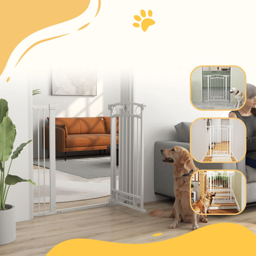 PawHut Barreira de Segurança para Cães Barreira de Segurança para Cães com Largura Ajustável 76-104 cm Barreira de Proteção com 2 Extensões para Escadas e Portas 76-104x104 cm Branco