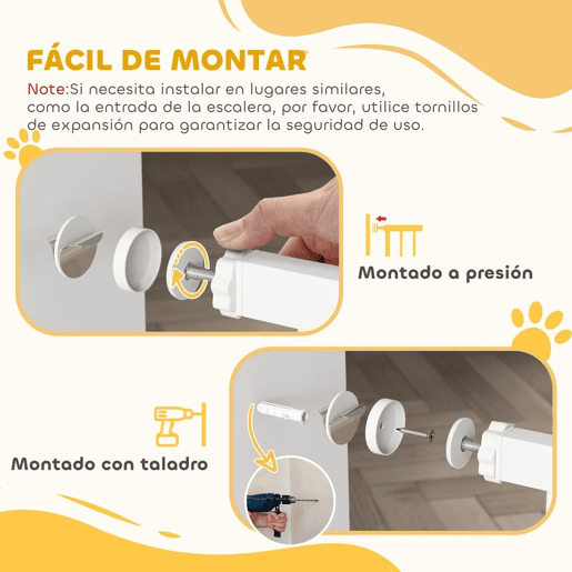 PawHut Barreira de Segurança para Cães Barreira de Segurança para Cães com Largura Ajustável 76-104 cm Barreira de Proteção com 2 Extensões para Escadas e Portas 76-104x104 cm Branco