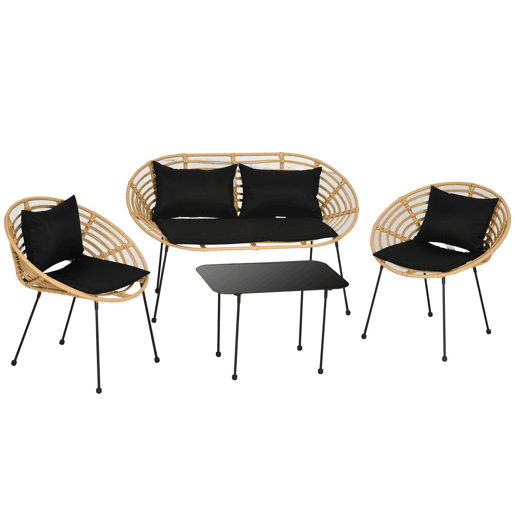 Outsunny Conjunto de Móveis de Jardim em Vime Sintético de 4 Peças Móveis de Exterior com 1 Sofá Duplo 2 Poltronas e Mesa de Vidro com Almofadas Madeira e Preto