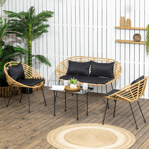 Outsunny Conjunto de Móveis de Jardim em Vime Sintético de 4 Peças Móveis de Exterior com 1 Sofá Duplo 2 Poltronas e Mesa de Vidro com Almofadas Madeira e Preto