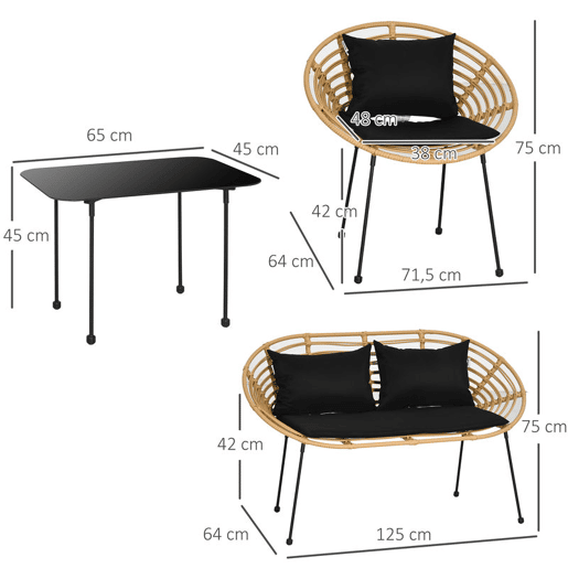 Outsunny Conjunto de Móveis de Jardim em Vime Sintético de 4 Peças Móveis de Exterior com 1 Sofá Duplo 2 Poltronas e Mesa de Vidro com Almofadas Madeira e Preto